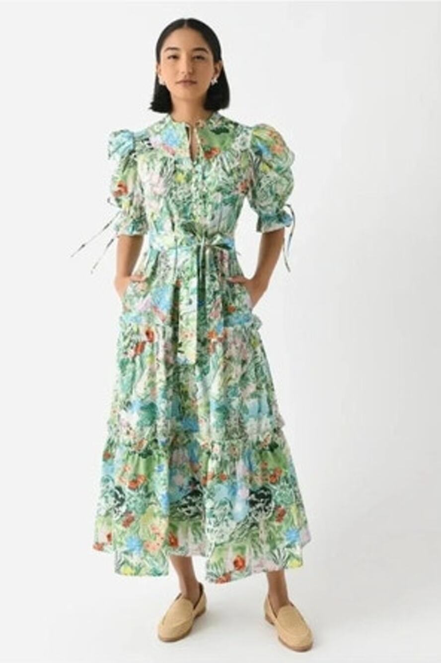 HUNTER BELL Sz L Large Holloway Dress Floral Garden Party Belted Cotton
